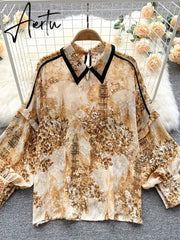 Autumn Puff Sleeve Shirts Blouse Women Floral Long Sleeve Lapel Buttons Vintage Shirts Elegant Blouses Tops Female GD631 Aiertu