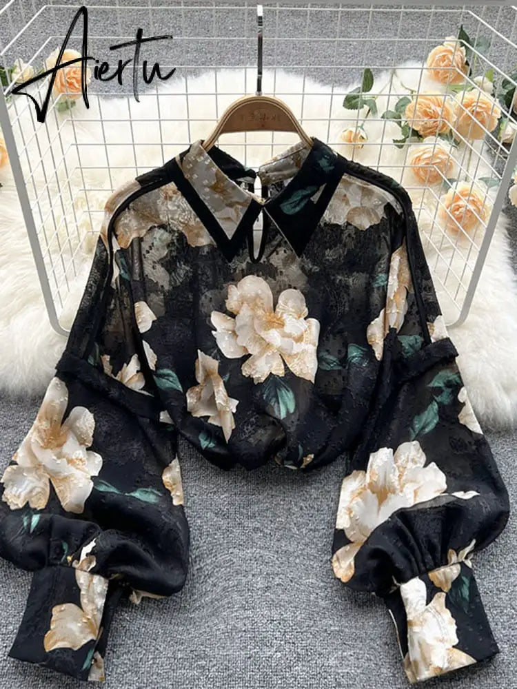 Autumn Puff Sleeve Shirts Blouse Women Floral Long Sleeve Lapel Buttons Vintage Shirts Elegant Blouses Tops Female GD631 Aiertu
