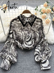 Autumn Puff Sleeve Shirts Blouse Women Floral Long Sleeve Lapel Buttons Vintage Shirts Elegant Blouses Tops Female GD631 Aiertu