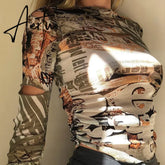 Autumn stacked cut out Hole female tshirt Gothic street fashion graphic crop tops casual Basic tees woman Selling new Aiertu
