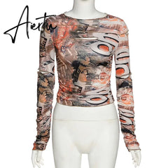 Autumn stacked cut out Hole female tshirt Gothic street fashion graphic crop tops casual Basic tees woman Selling new Aiertu