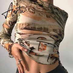 Autumn stacked cut out Hole female tshirt Gothic street fashion graphic crop tops casual Basic tees woman Selling new Aiertu