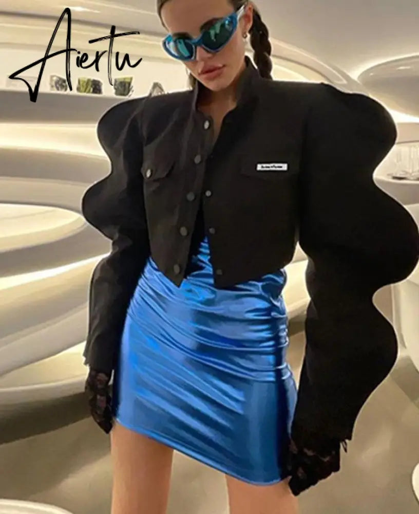 Autumn Streetwear Turtleneck Shirts For Women Long Sleeve Buttons Crop Tops Women Baggy Black Design Shirt Female Aiertu