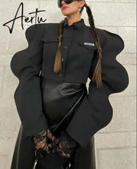 Autumn Streetwear Turtleneck Shirts For Women Long Sleeve Buttons Crop Tops Women Baggy Black Design Shirt Female Aiertu