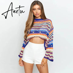 Autumn Winter Color Block Striped Sweaters Women Loose Pullover Tops Casual Long Flared Sleeves Round Collar Knit Tops Aiertu