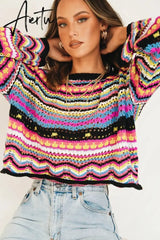 Autumn Winter Color Block Striped Sweaters Women Loose Pullover Tops Casual Long Flared Sleeves Round Collar Knit Tops Aiertu
