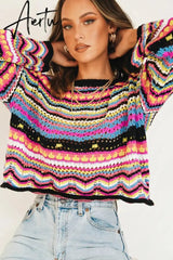 Autumn Winter Color Block Striped Sweaters Women Loose Pullover Tops Casual Long Flared Sleeves Round Collar Knit Tops Aiertu