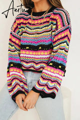 Autumn Winter Color Block Striped Sweaters Women Loose Pullover Tops Casual Long Flared Sleeves Round Collar Knit Tops Aiertu