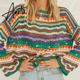 Autumn Winter Color Block Striped Sweaters Women Loose Pullover Tops Casual Long Flared Sleeves Round Collar Knit Tops Aiertu