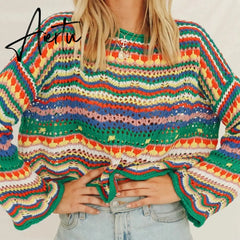 Autumn Winter Color Block Striped Sweaters Women Loose Pullover Tops Casual Long Flared Sleeves Round Collar Knit Tops Aiertu