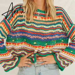 Autumn Winter Color Block Striped Sweaters Women Loose Pullover Tops Casual Long Flared Sleeves Round Collar Knit Tops Aiertu
