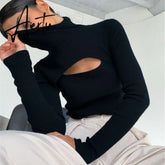 Autumn Winter High Collar T Shirt Women Casual Long Sleeve Ribber Knitting Tees Tops Sexy Hollow Black Slim Female T-shirt Aiertu