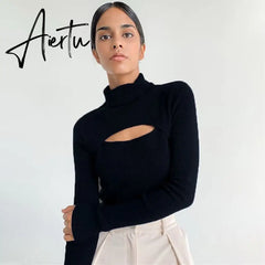 Autumn Winter High Collar T Shirt Women Casual Long Sleeve Ribber Knitting Tees Tops Sexy Hollow Black Slim Female T-shirt Aiertu