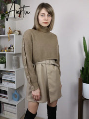 Autumn Winter Knit Two Piece Set Women's Single-breasted Turtleneck Cropped Pullover Sweater V-neck Vest Dress Solid Women Suit Aiertu