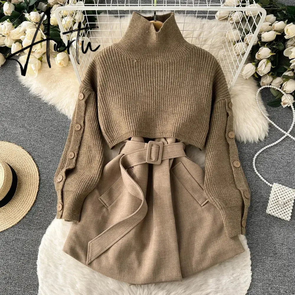 Autumn Winter Knit Two Piece Set Women's Single-breasted Turtleneck Cropped Pullover Sweater V-neck Vest Dress Solid Women Suit Aiertu