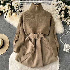 Autumn Winter Knit Two Piece Set Women's Single-breasted Turtleneck Cropped Pullover Sweater V-neck Vest Dress Solid Women Suit Aiertu