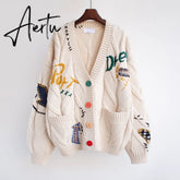 Aiertu Autumn Winter Women Cardigans Warm Knitted Sweater Jacket Pocket Embroidery Fashion Knit Cardigan Coat Lady Loose Sweaters tops Aiertu