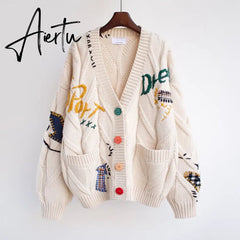 Aiertu Autumn Winter Women Cardigans Warm Knitted Sweater Jacket Pocket Embroidery Fashion Knit Cardigan Coat Lady Loose Sweaters tops Aiertu