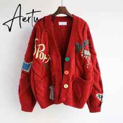 Aiertu Autumn Winter Women Cardigans Warm Knitted Sweater Jacket Pocket Embroidery Fashion Knit Cardigan Coat Lady Loose Sweaters tops Aiertu