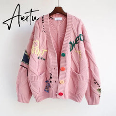 Aiertu Autumn Winter Women Cardigans Warm Knitted Sweater Jacket Pocket Embroidery Fashion Knit Cardigan Coat Lady Loose Sweaters tops Aiertu