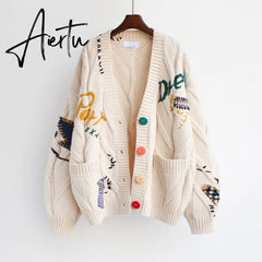 Aiertu Autumn Winter Women Cardigans Warm Knitted Sweater Jacket Pocket Embroidery Fashion Knit Cardigan Coat Lady Loose Sweaters tops Aiertu