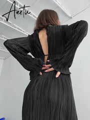 Autumn Winter Women Elegant Solid Red Maxi Pleated Dress Long Sleeve Hollow Out Slim Bodycon Evening Pencil Dress For Women Aiertu
