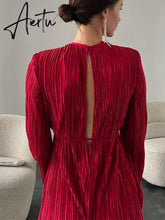 Autumn Winter Women Elegant Solid Red Maxi Pleated Dress Long Sleeve Hollow Out Slim Bodycon Evening Pencil Dress For Women Aiertu