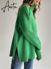 Autumn Winter Women's Sweaters Turtleneck Women Pulovers Side Split Knitted Jumpers Christmas Sweater Oversize Pull For Women Aiertu