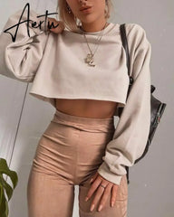 Autumn Women's Long Sleeve Top Round Neck Cotton Solid Color Pullover Ladies Crop Top Sweatshirt Tee Tops Outdoor Short T-Shirt Aiertu