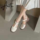 Autumn Women Shoes Round Toe Chunky Heel Women Sandals Women Mary Janes Leather Shoes Concise Shoes for Women Closed Nose Aiertu