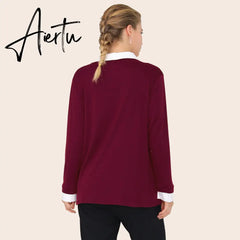 autumn Women tops Fake two-piece Blouses women shirt Vintage turn-down collar shirts Loose slim Blusas Mujer plus size 5XL Aiertu