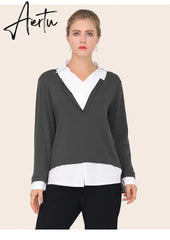 autumn Women tops Fake two-piece Blouses women shirt Vintage turn-down collar shirts Loose slim Blusas Mujer plus size 5XL Aiertu