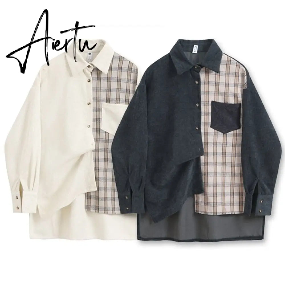 Awen Corduroy Splicing Plaid Shirt for Women Man Fashion Oversized Loose Cardigan Soft Corduroy Korean Lattice Blouse Jacket Top Aiertu