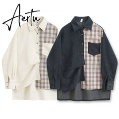 Awen Corduroy Splicing Plaid Shirt for Women Man Fashion Oversized Loose Cardigan Soft Corduroy Korean Lattice Blouse Jacket Top Aiertu
