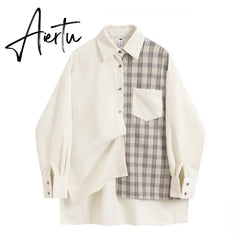 Awen Corduroy Splicing Plaid Shirt for Women Man Fashion Oversized Loose Cardigan Soft Corduroy Korean Lattice Blouse Jacket Top Aiertu