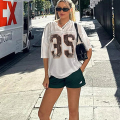 Aiertu - Summer Digital Print Contrasting Color V-neck Hollow Sports Pullover T-shirt Loose Large Size Casual Fashion Top Female Aiertu