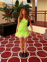 Aiertu - Sexy Green Print Feather Hem Bodycorn Sling Dress Women Sleeveless Backless Mini Dresses Female Chic Party Club Evening Vestidos Aiertu