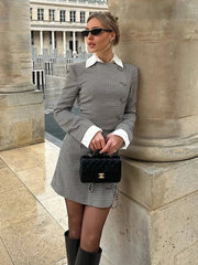 Aiertu - Women's Contrast Mini Dress Elegant Office Lady Lapel Slim High Waist Splice Buttons Cardigan Dresses Female Spring Dress Aiertu
