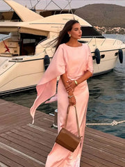 Aiertu - Elegant Pink Satin Half Flare Sleeved Long Dress Women Fashion O Neck Bodycon Maxi Dresses 2026 New Lady Vocation Party Robes Aiertu