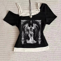 Aiertu - Y2k Slim Fit Print Tops Women Off Shoulder Short Sleeve Tee Shirt Neploe American Vintage Fake Two Piece Halter Lace Up T-shirts Aiertu