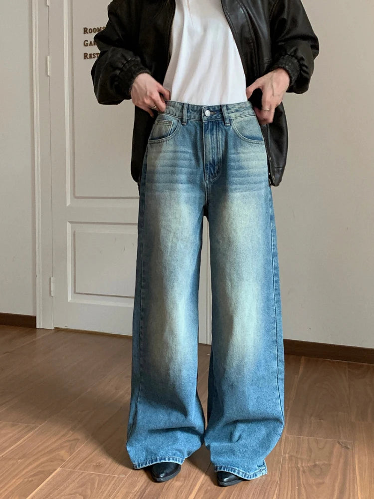 Aiertu - Women Boyfriend Whiskers Baggy Jeans Distressed Straight Long Trousers High Rise Wide Denim Pants Casual Retro Clothes Aiertu