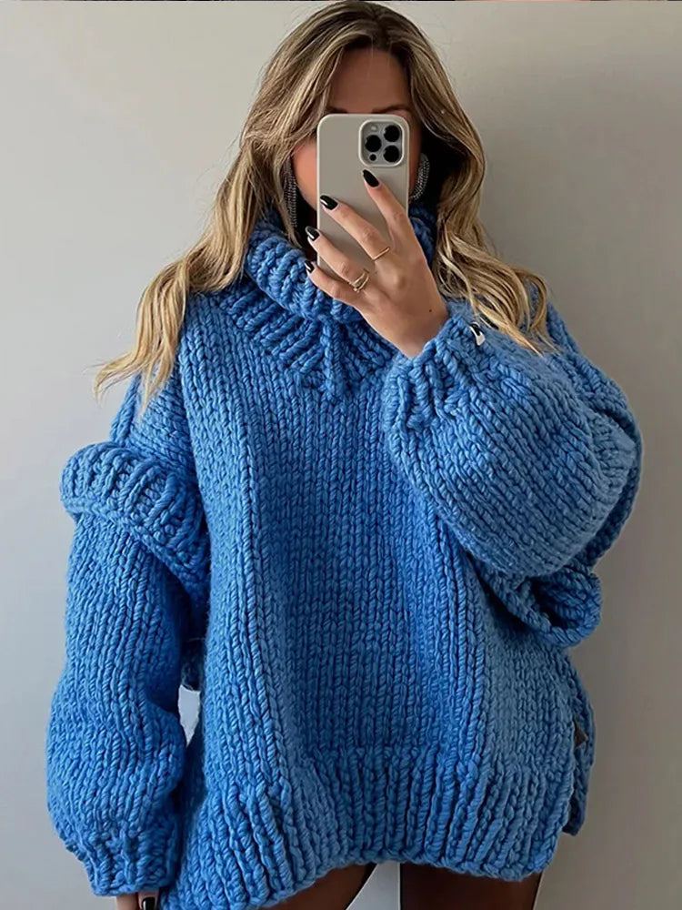 Aiertu - Oversized Turtleneck Blue Knitted Pullover For Women Loose Long Lantern Sleeve Sweater Tops Autumn New Lady High Streetwear Aiertu