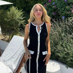 Aiertu - Elegant Sleeveless Single-breasted Ribbed Sweaters Long Dress for Women High Waist Bodycon Knitted Fake Pocket Dress New Aiertu