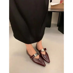 Aiertu - Women's Retro Pointed Toe Low-Heeled Casual Shoes 2025 Luxury Fashion Buckle Design Fine Plaid Leather Single Shoes Aiertu