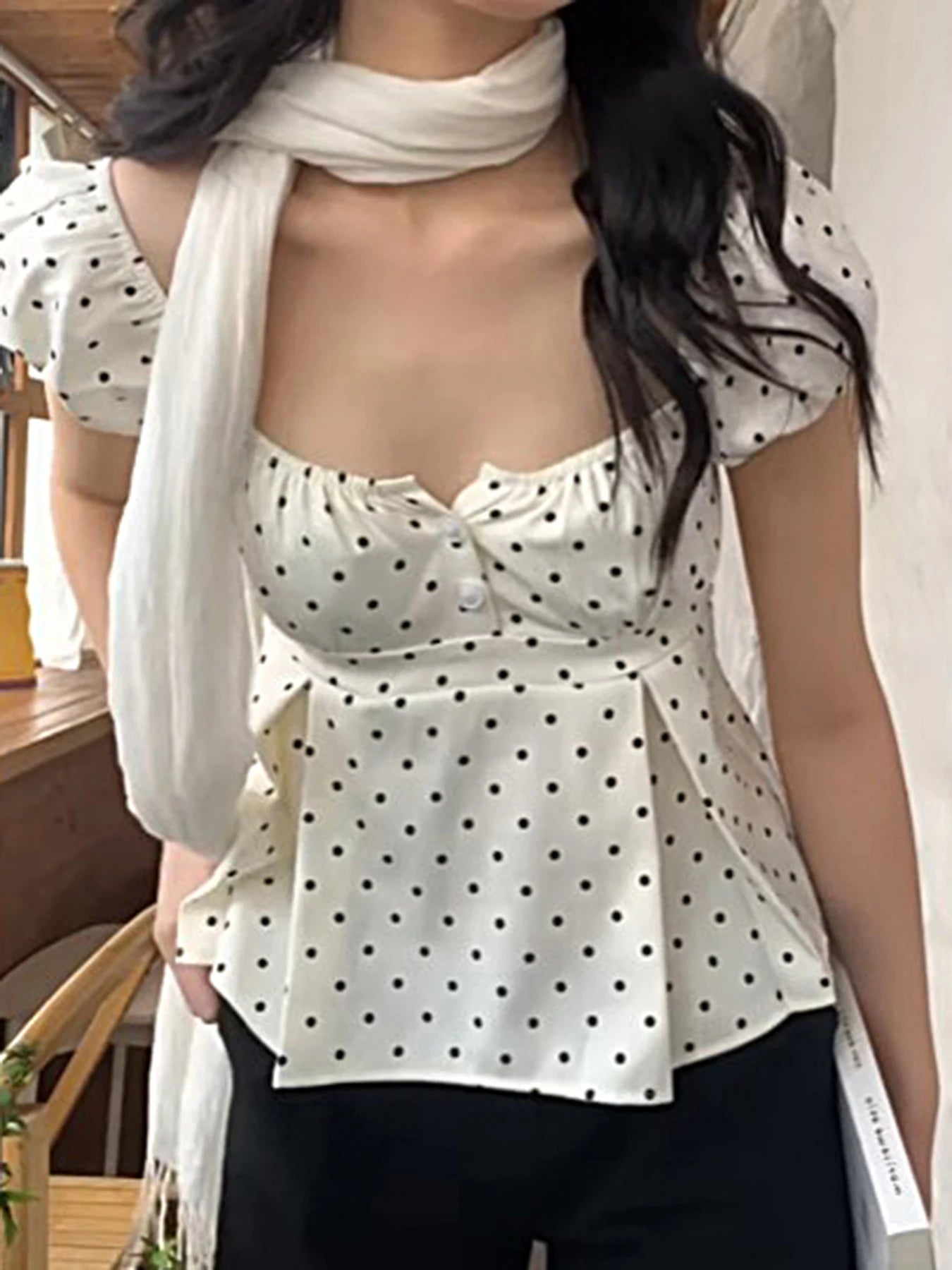 Aiertu - Simple Polka Dot Print Square Neck Women T-Shirts Slim Fit Ruffles Fashion Sweet Casual Design Blouses Aiertu
