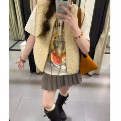 Aiertu Autumn Fleece Vest Tops for Women Beige Sexy Lace Up Cropoed Top Warm Lambswool Vest Fashion and Chic Blouse Aiertu