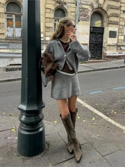 Aiertu - Solid Knitted 2 Piece Set Women Single Breasted Long Sleeve Cardigan+mini Skirts Sets Autumn New Streetwear Fashion Elegant Suit Aiertu