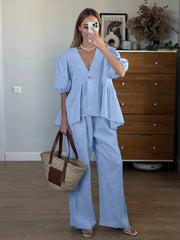 Aiertu Cotton Loose Female Pajama 2 Piece Suit Short Sleeve Nightgown Sexy V-Neck Sleepwear Pants Casual Women Nightwear Set Aiertu