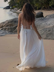 Aiertu - Fashion Pleated Long Skirts Set Women Sexy Sleeveless Backless Halter Tops High Waist Mermaid Skirt Vacation Beach 2 Pieces Sets Aiertu