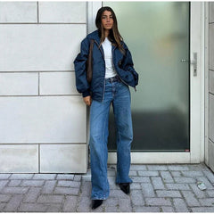 Aiertu - Casual Lapel Short Bomber Jackets Women Loose Patchwork Zipper Pockets Long Sleeve Coat 2026 Autumn New Lady Chic Tops Outwear Aiertu